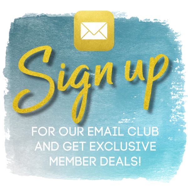 Blue square with text that reads sign up for our email club and get exclusive member deals